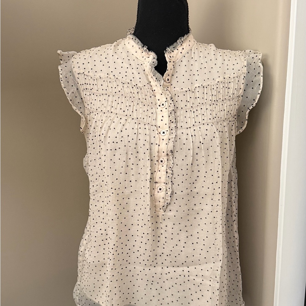 Sundance Cream Ruffle Sleeve Swiss Polka Dot Ruffle Blouse